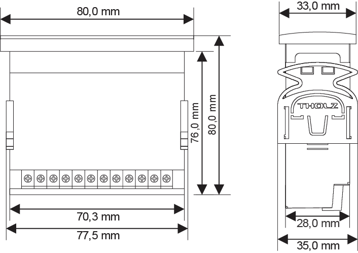Diagrama de dimensões do Basic SmartHeat TSS Tholz para instalação em porta de painel, com medidas técnicas detalhadas.