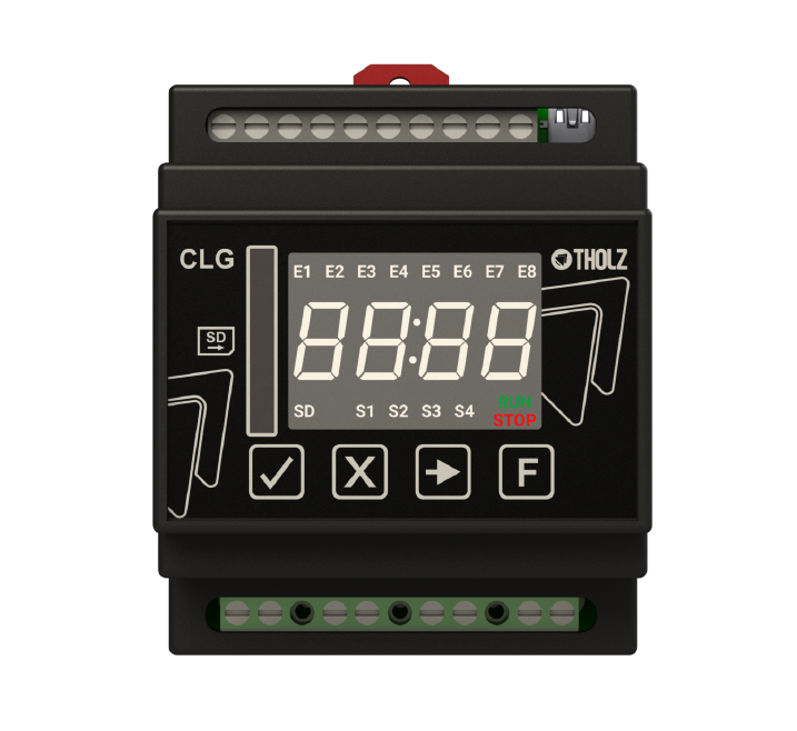 CLP e CLG Tholz, relés programáveis industriais com display digital e interface frontal para automação de processos.