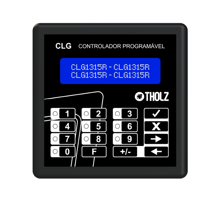 CLP Tholz controlador lógico programável industrial com display digital e interface frontal para automação de processos.