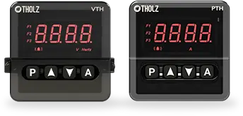 Controladores de medições elétricas Tholz com display digital para monitoramento preciso de tensão, corrente e parâmetros elétricos.