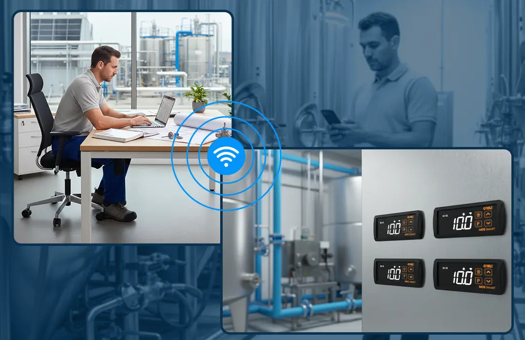 Controladores de refrigeração Tholz Industrial instalados em porta de painel, destacando controle inteligente e fácil com os modelos TLS e MDS.