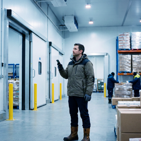 Controle de refrigeração Tholz Industrial exibido em smartphone, com interface responsiva para monitoramento e ajuste remoto da temperatura.