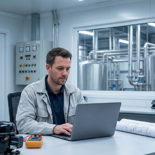 Controle de refrigeração Tholz Industrial acessível por computador, tablet e smartphone, com interface responsiva e inteligente.