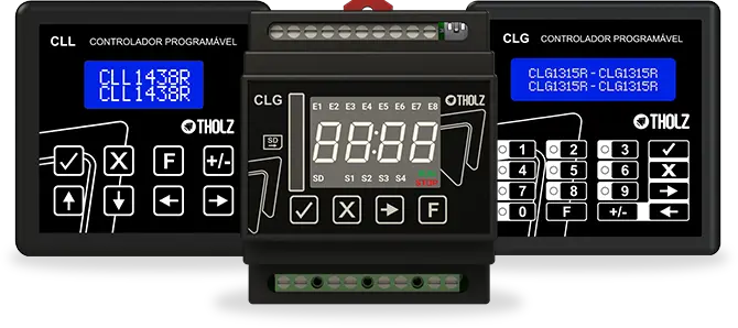 Controladores programáveis Tholz com display digital e teclado frontal para automação e controle de processos industriais.