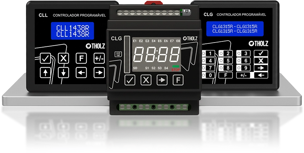 Controladores programáveis Tholz com display digital e teclado integrado para automação e controle de processos industriais.