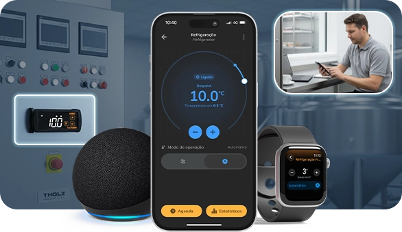 Sistema de refrigeração Tholz Industrial controlado por aplicativo, representando controle total do sistema na palma da mão.