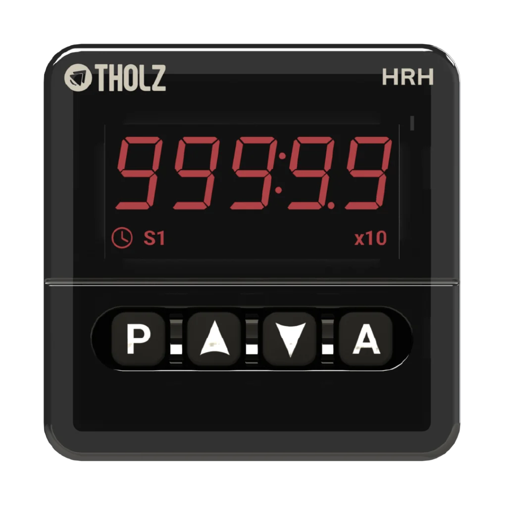 HRH1360R Tholz, controlador horímetro industrial com display digital frontal para registro e monitoramento de tempo de operação.