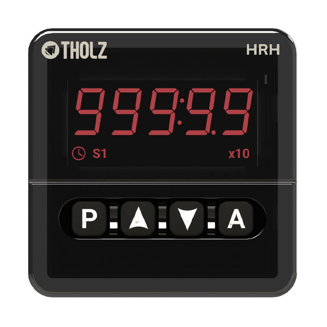 HRH1360R Tholz, controlador horímetro industrial com display digital frontal para registro e monitoramento de tempo de operação.
