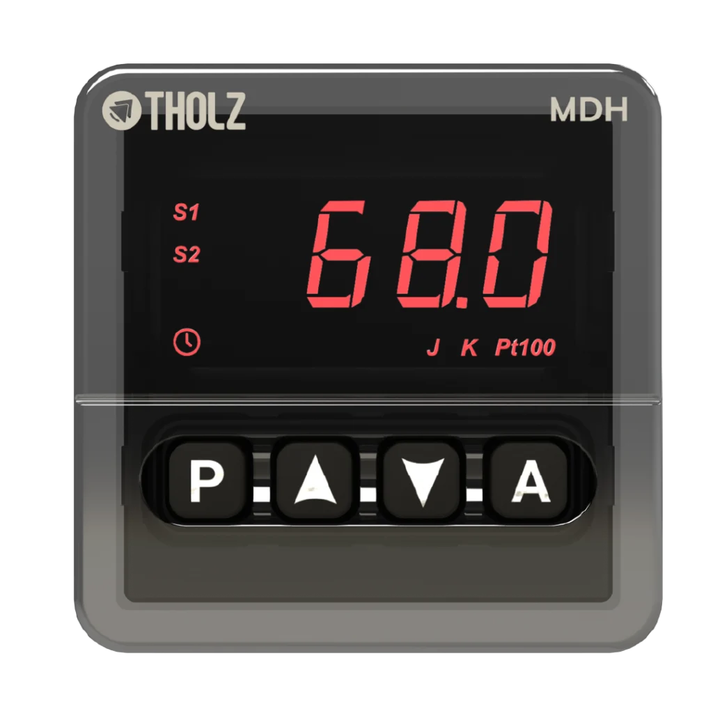 MDH1311N Tholz, controlador de temperatura industrial com display digital frontal para monitoramento e controle térmico preciso.