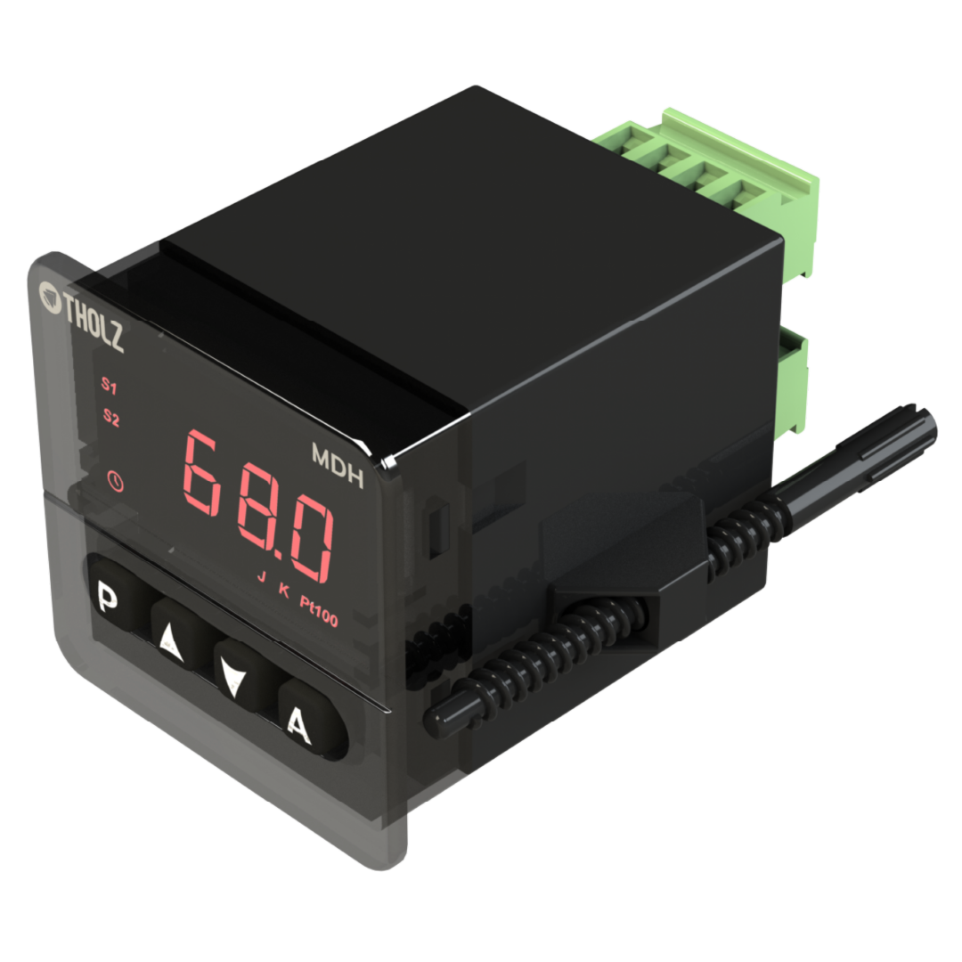 MDH1311N Tholz, controlador de temperatura industrial em perspectiva, com display digital e design robusto para painéis elétricos.