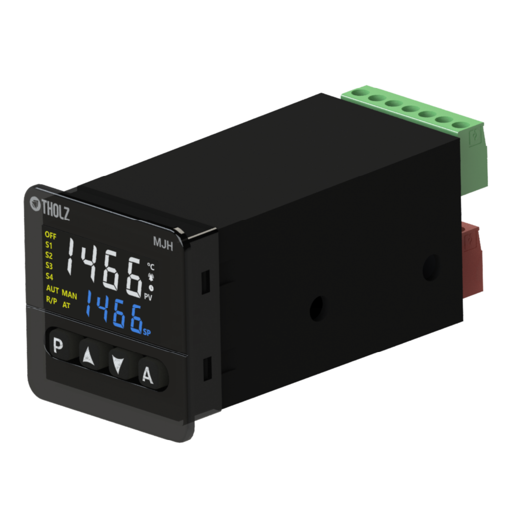 MJH1466R Tholz, controlador de temperatura industrial em perspectiva, com display digital e design robusto para painéis elétricos.