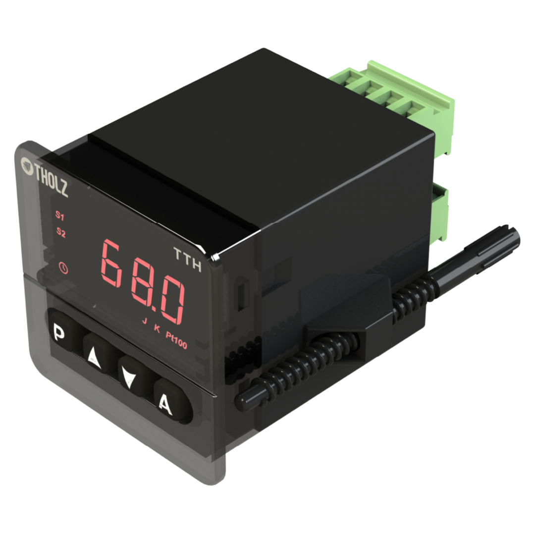 TTH1395R Tholz, controlador de temperatura industrial em perspectiva, com display digital e design robusto para painéis elétricos.
