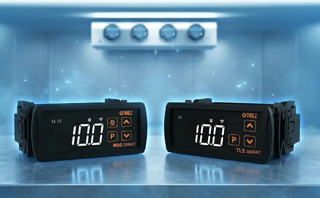Linha completa de controladores Tholz para refrigeração, com diferentes modelos para controle inteligente de sistemas de refrigeração industrial e comercial.