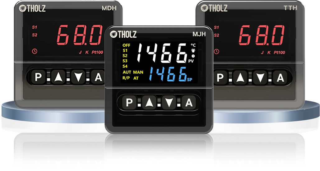 Linha completa de controladores de temperatura Tholz Industrial para controle térmico preciso em aplicações industriais.